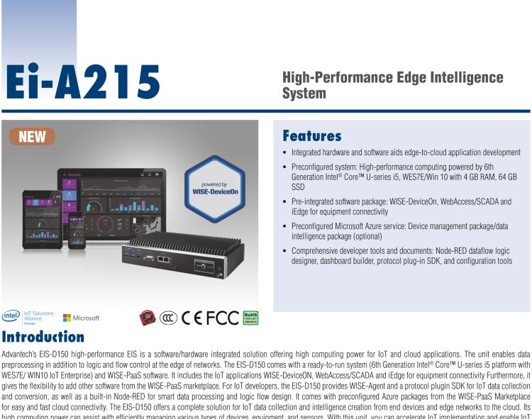 研華EI-A215 研華EI-A215，邊緣性計(jì)算系統(tǒng)，搭載Intel Core i5 6300U 處理器，4 GB內(nèi)存，64 GB 存儲(chǔ)，高性能邊緣智能設(shè)備，具備豐富擴(kuò)展接口 2 x LAN，4 x COM，6 x USB等，同時(shí)還可以擴(kuò)展 iDoor 或 ARK-Plus 模組增加更多的擴(kuò)展接口，搭配 5G 模塊。