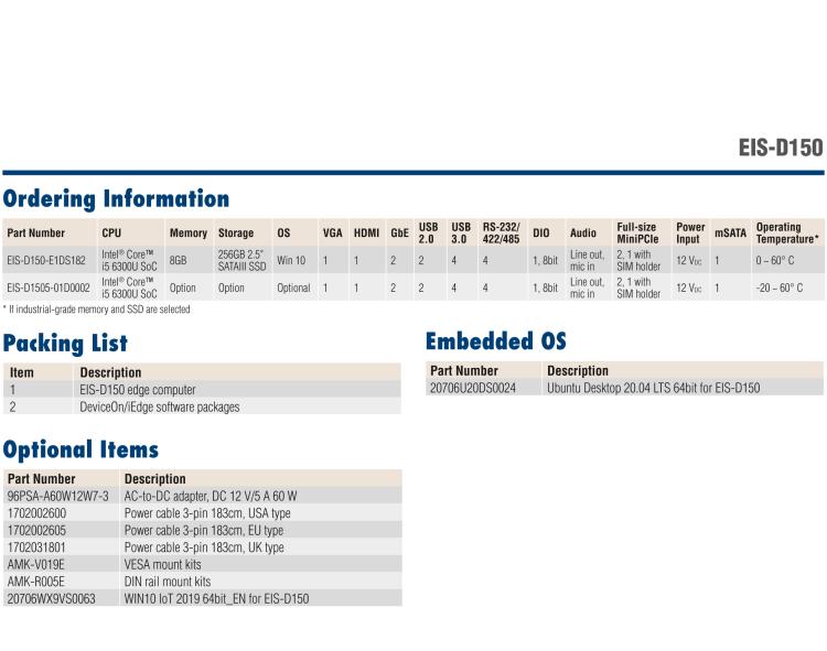 研華EIS-D150 研華EIS-D150，邊緣計算系統(tǒng)，支持Intel 第六代處理器，可選i3/i5/i7 CPU，最高支持 16 GB內存，具備豐富擴展接口 2 x LAN，4 x COM，6 x USB等，同時還可以擴展 iDoor 和 ARK-Plus 模組增加更多的擴展能力，可以根據(jù)現(xiàn)場應用需求，靈活定制。