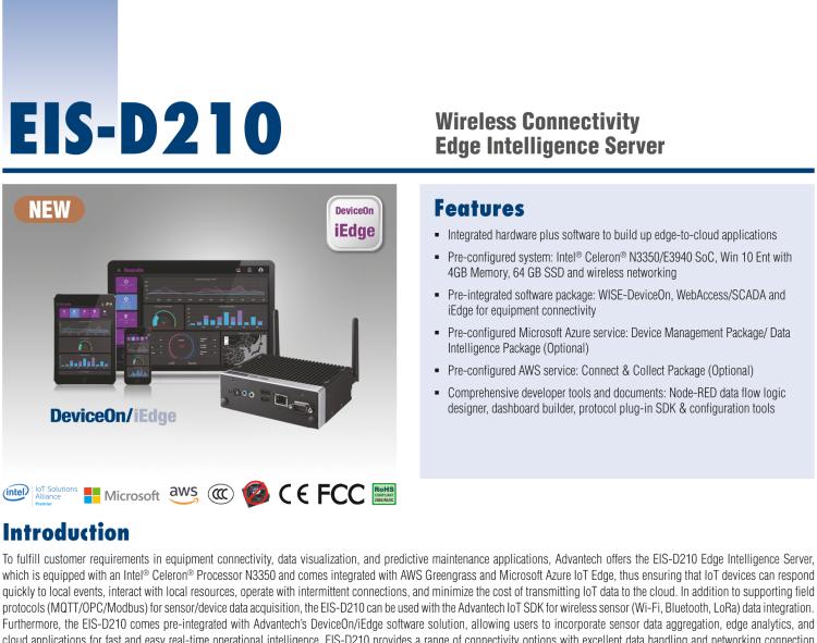 研華EIS-D210 研華EIS-D210，邊緣計算系統(tǒng)網關，Intel Celeron N3350 Dual Core SoC，最高支持 8 GB內存，低功耗邊緣智能設備，具備豐富擴展接口 2 x LAN，2 x COM，4 x USB，1 x VGA等，搭配 Wifi 或 4G 模塊，可以實現無線數據傳輸，體積非常小