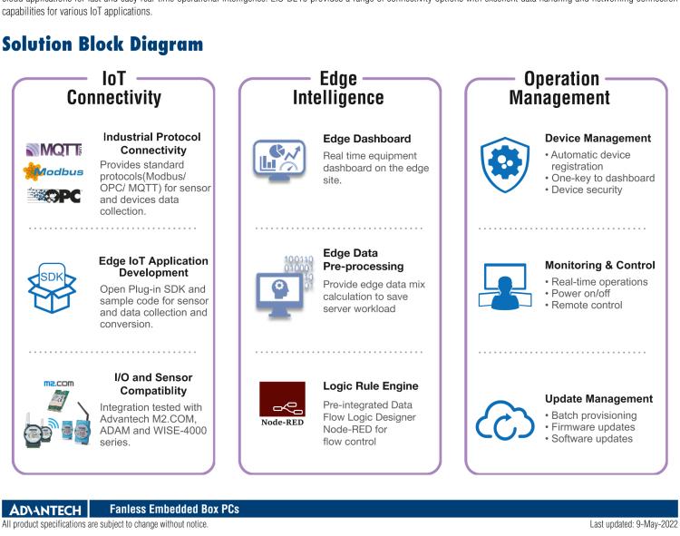 研華EIS-D210 研華EIS-D210，邊緣計算系統(tǒng)網關，Intel Celeron N3350 Dual Core SoC，最高支持 8 GB內存，低功耗邊緣智能設備，具備豐富擴展接口 2 x LAN，2 x COM，4 x USB，1 x VGA等，搭配 Wifi 或 4G 模塊，可以實現無線數據傳輸，體積非常小