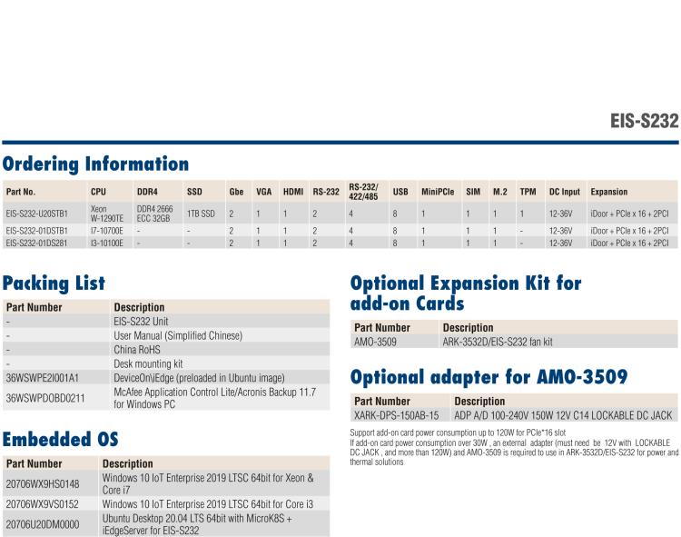 研華EIS-S232 研華 EIS-S232，邊緣計算系統服務器，支持Intel 第十代處理器，可選i3/i5/i7 Xeon CPU，DDR4 最高32GB，最多可支持4 x 2.5寸硬盤，具備豐富擴展接口 2 x LAN，6 x COM，8 x USB，1 x PCIE，2 x PCI。產品生命周期長，穩定可靠。