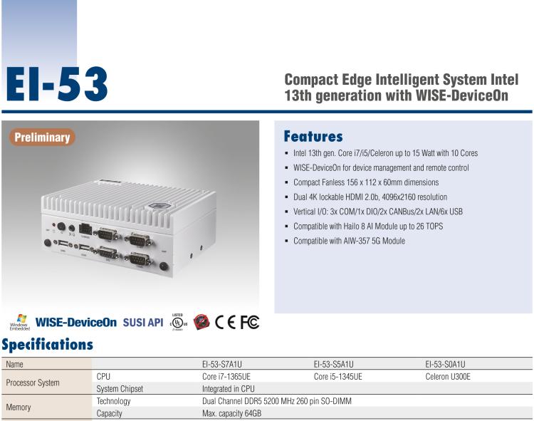 研華EI-53 英特爾第 13 代緊湊型邊緣智能系統