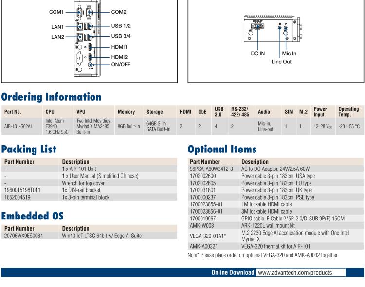 研華AIR-101 基于Intel Atom E3940處理器，AI計算平臺，內(nèi)置Myriad X VPU * 2