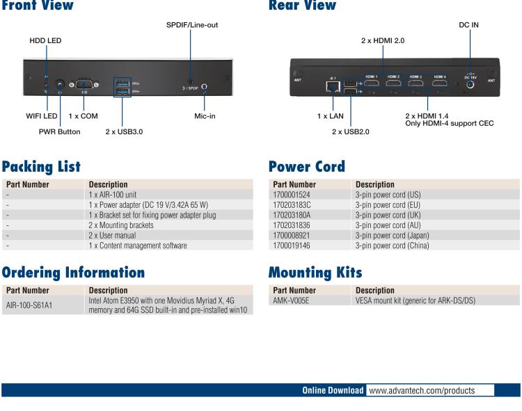研華AIR-100 基于Intel Atom E3950處理器，AI計算平臺，內置Myriad X VPU * 1