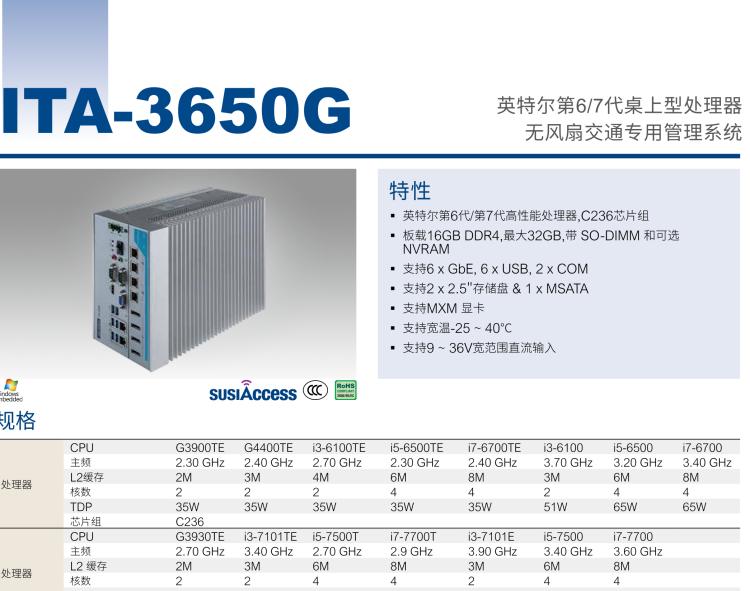 研華ITA-3650G 英特爾第六代和第七代臺(tái)式機(jī)無風(fēng)扇系統(tǒng)，具有GPU模組，用于交通行業(yè)
