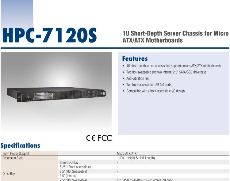研華HPC-7120S 1U 上架式服務器短機箱，適用Micro ATX/ATX 服務器主板，支持1*全高/半長PCIe x16擴展插槽