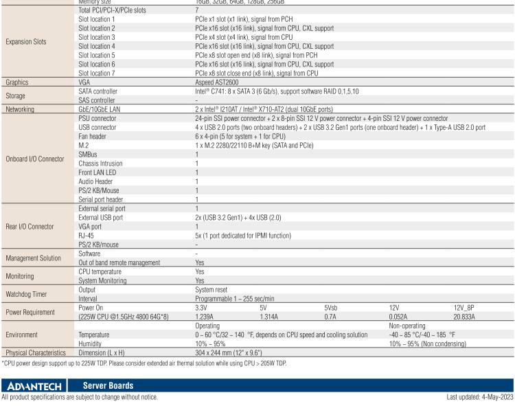 研華ASMB-817 4th Gen Intel? Xeon? Scalable ATX Server Board with 8x DDR5, 3x PCIe x16, 8x SATA 3, 4x USB 3.2 (Gen1), Dual 10GbE, and IPMI