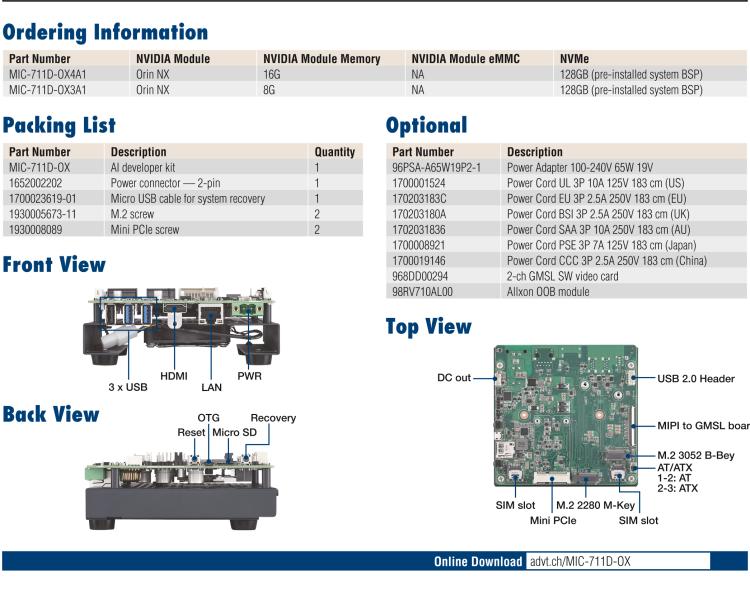 研華MIC-711D-OX MIC-711D-OX 是一款基于英偉達Jetson Orin NX 的 AI 開發(fā)套件，含有多個 I/O 接口，使客戶可以靈活開發(fā)新項目。