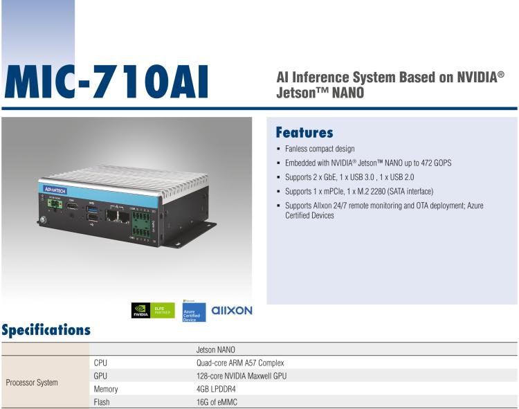 研華MIC-710AI 基于 NVIDIA? Jetson Nano?平臺的AI 邊緣端推理服務器