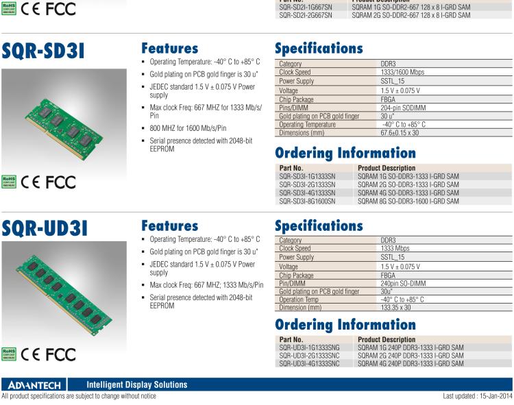 研華SQR-UD3I 帶溫度傳感器的工業級 DDR3 SODIMM