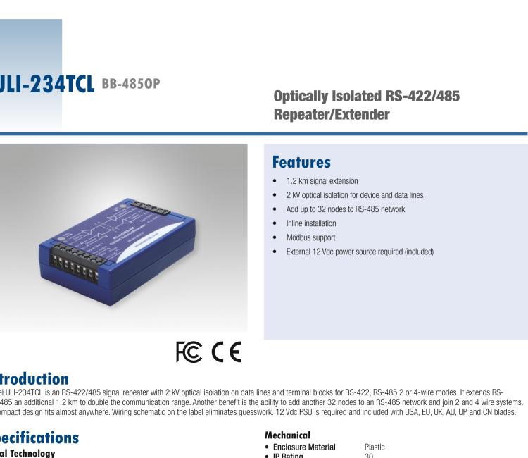 研華BB-485OPDRI-PH ULI-234TE RS-485/422 三層（重型）隔離中繼器，DIN 導(dǎo)軌