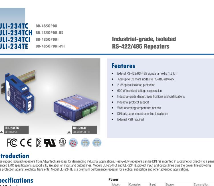 研華BB-485OPDRI-PH ULI-234TE RS-485/422 三層（重型）隔離中繼器，DIN 導(dǎo)軌