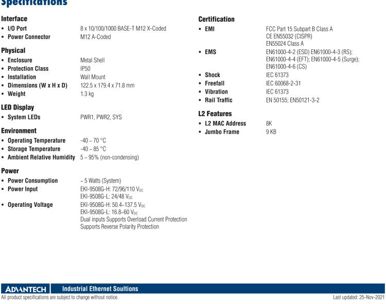 研華EKI-9508G-H 8個千兆M12端口非網管EN50155交換機， 支持72/96/110 VDC供電