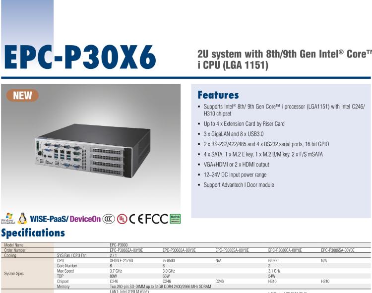 研華EPC-P3086 適配Intel? 第8/9代 Core i 系列處理器，搭載H310芯片組。2U高度，支持全長PCIe x16擴展卡。接口豐富，性能強勁。