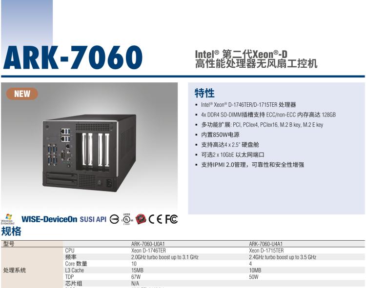 研華ARK-7060 搭載Intel二代Xeon D-1700高性能處理器系統(tǒng)，具有3個擴(kuò)展插槽