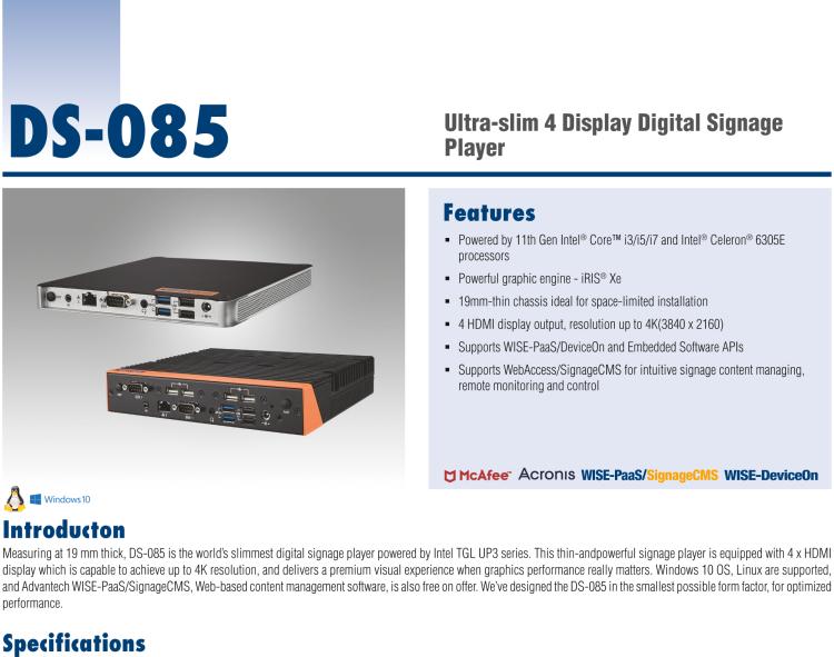 研華DS-085 搭載Intel Tiger Lake UP3 極薄數字標牌