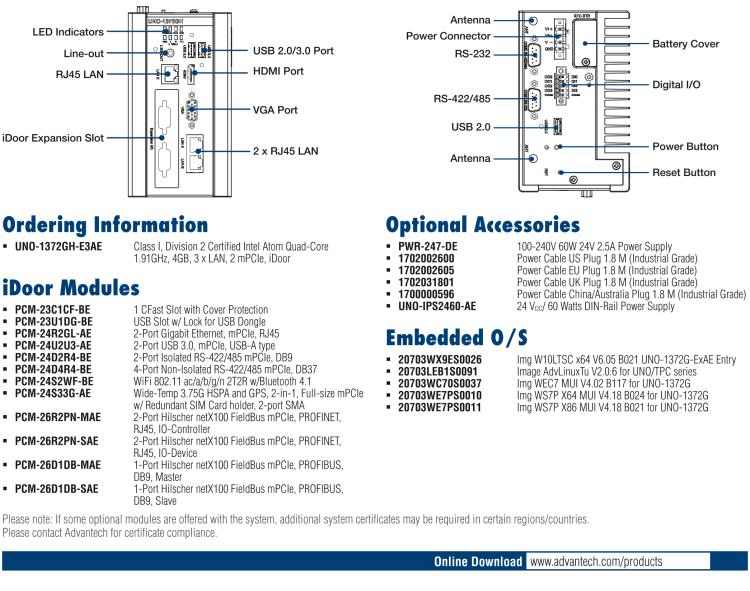 研華UNO-1372GH 通過Class I，Division 2認證的導軌安裝工業控制器，搭配英特爾?凌動?四核處理器