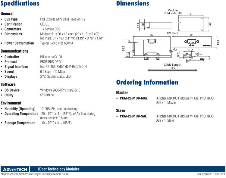 研華PCM-26D1DB 1端口 Hilscher netX100 現場總線 mPCIe，PROFIBUS，DB9