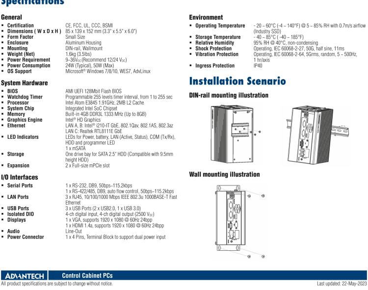 研華UNO-1372G 小型導軌安裝工業控制器，搭配英特爾?凌動? 四核處理器及4GB DDR3L內存，2×mPCIe，1×mSATA，2×COM，8×DI/O，3×USB，1×HDMI，1×VGA