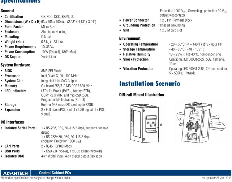 研華UNO-1252G 微型導軌安裝工業物聯網網關，搭配英特爾? Quark? 微控制器，2×LAN，2×mPCIe，2×COM，8×DI/O，2×USB，1×1GB microSD card，1×SIM