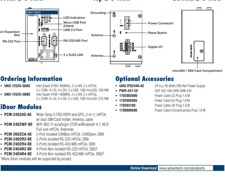 研華UNO-1252G 微型導軌安裝工業物聯網網關，搭配英特爾? Quark? 微控制器，2×LAN，2×mPCIe，2×COM，8×DI/O，2×USB，1×1GB microSD card，1×SIM