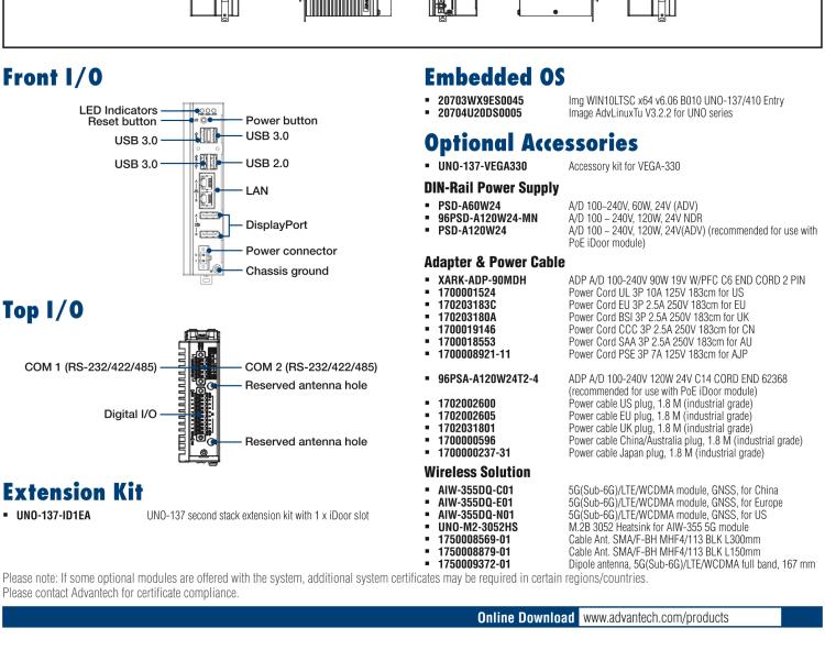 研華UNO-137 DIN導軌控制器，配備Intel?Atom?E3940 CPU、2個LAN、2個COM、3個USB 3.0、1個USB 2.0、2個DP 1.2、8個DI、8個DO、1個M.2、1個mPCIe、TPM 2.0