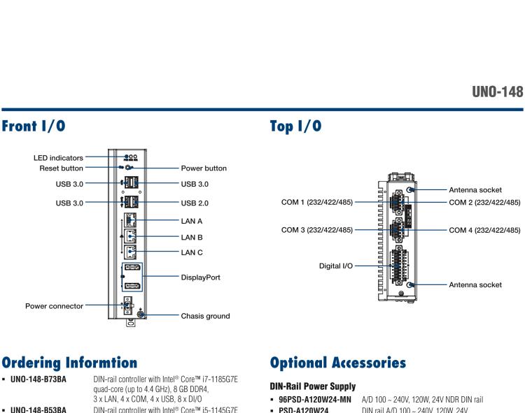研華UNO-148 常規(guī)無(wú)風(fēng)扇DIN導(dǎo)軌控制器，采用第11代Intel? Core? i處理器