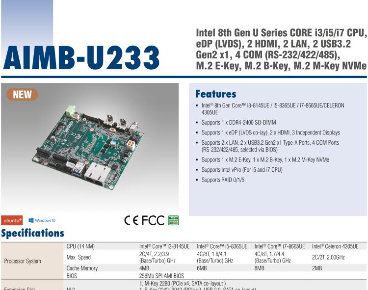 研華AIMB-U233 板載Intel 第8代 U系列 Core i3/i5/i7 處理器。低功耗高性能，無(wú)風(fēng)扇設(shè)計(jì)。