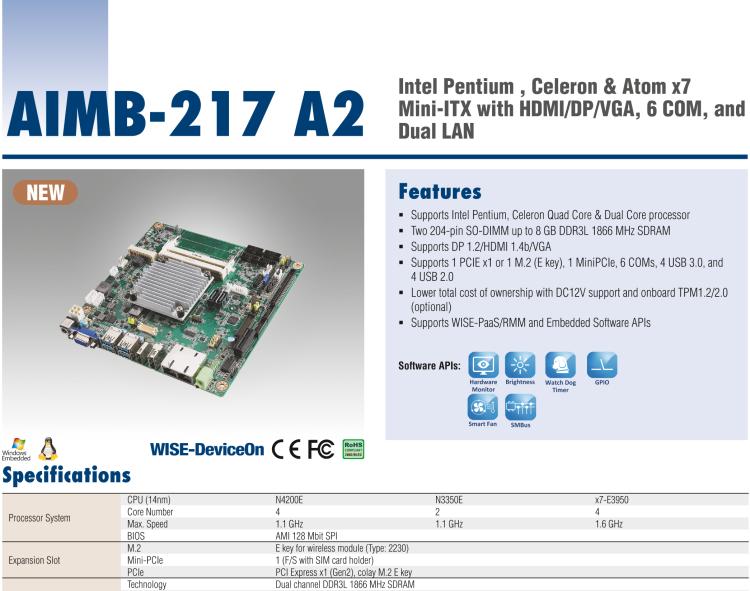 研華AIMB-217 板載Intel? 第6代 奔騰、賽揚、凌動系列處理器。擁有多COM和雙千兆網口，超薄緊湊，無風扇設計，支持寬溫。