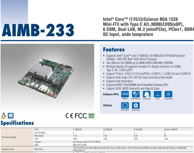 研華AIMB-233 板載Intel? 第8代 Core i 處理器。擁有Type C接口，滿足各類擴展需求。低功耗，超薄緊湊，無風(fēng)扇設(shè)計，支持寬溫寬壓，性能強勁。