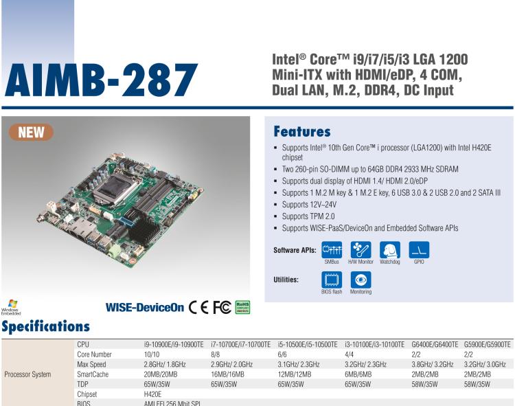 研華AIMB-287 適配Intel? 第10代 Core? i 系列處理器，搭載H420E芯片組。超薄設計，性能強勁。