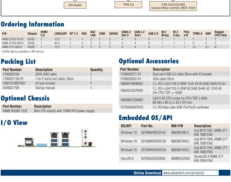 研華AIMB-277 適配Intel? 第10代 Core? i 系列處理器，搭載Q470E芯片組。性能強勁，適用于高端應用領域。