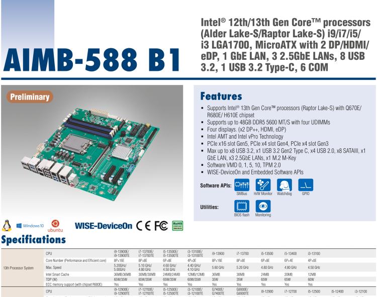 研華AIMB-588B1 適配Intel 第12/13代 Core i/奔騰系列處理器，搭載Q670E/R680E/H610E芯片組。性能可達(dá)服務(wù)器級別，獨(dú)立四顯，具備專業(yè)的圖像處理能力，是理想的行業(yè)解決方案。