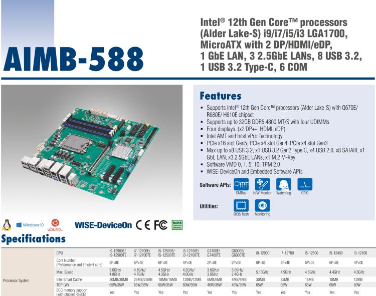 研華AIMB-588 適配Intel 第12代 Core i 系列處理器，搭載Q670E/ R680E/ H610E芯片組。高性能可達(dá)服務(wù)器級(jí)別高端產(chǎn)品，獨(dú)立四顯，專(zhuān)業(yè)的圖像處理能力，是理想的行業(yè)解決方案。