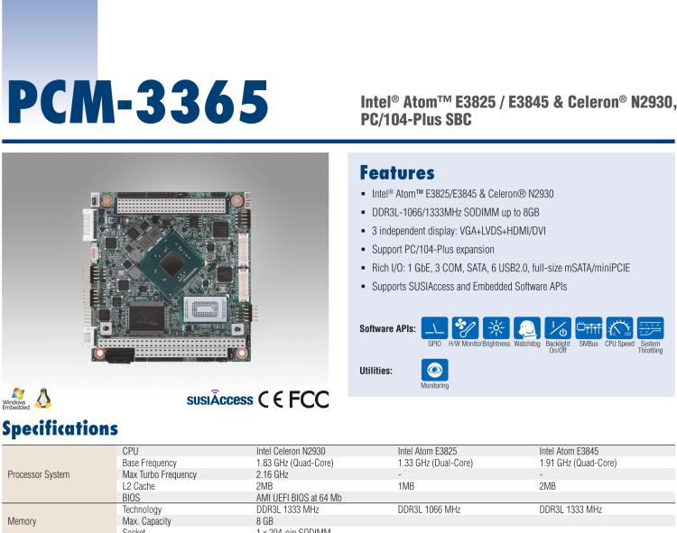 研華PCM-3365 英特爾第四代凌動?Atom?E3825 / E3845＆賽揚?N2930，PC / 104-Plus嵌入式主板，ISA，VGA，HDMI / DVI，LVDS，6 USB，mSATA或板載SSD