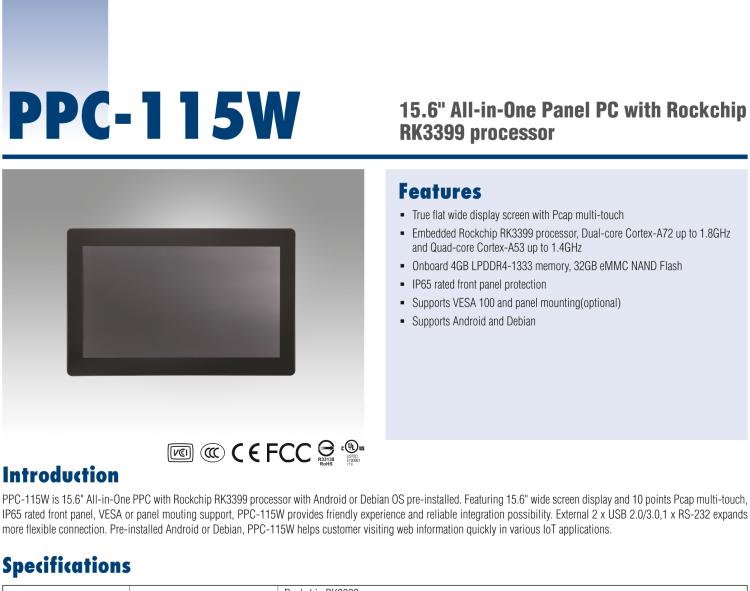 研華PPC-115W 15.6 英寸 Rockchip 3399 處理器 支持安卓 10 一體式工業電腦