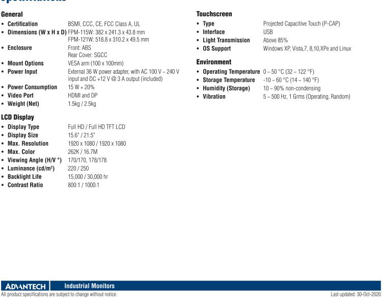研華FPM-121W 21.5" Full HD工業顯示器P-CAP觸控