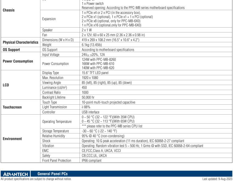 研華PPC-615W 15.6" 可配置工業平板電腦 兼容多種Mini-ITX主板