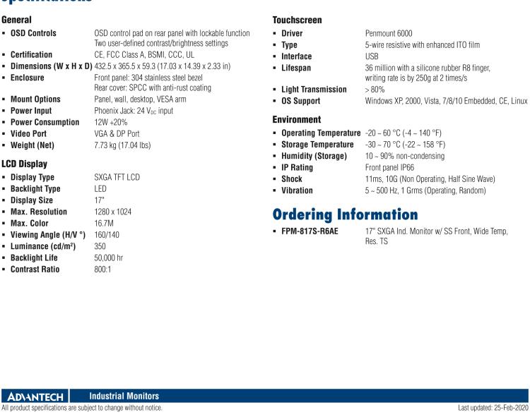研華FPM-817S 17“英寸工業(yè)顯示器與電阻觸摸控制，直接VGA, DP端口，和304不銹鋼前面板