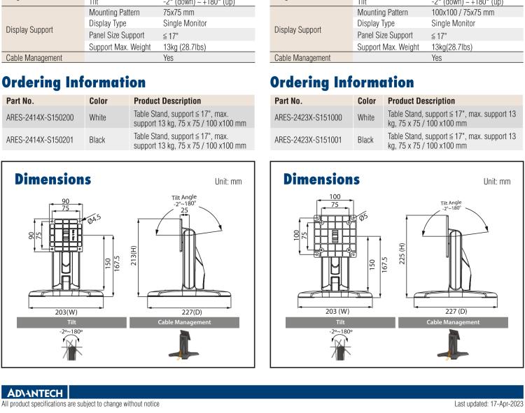 研華ARES-2423S ARES-2423S is a height-adjusting desk stand compatible with 75x75/100x100 mm VESA patterns. It can tilt -5° (down) ~ +20° (up) and screens up to 34".