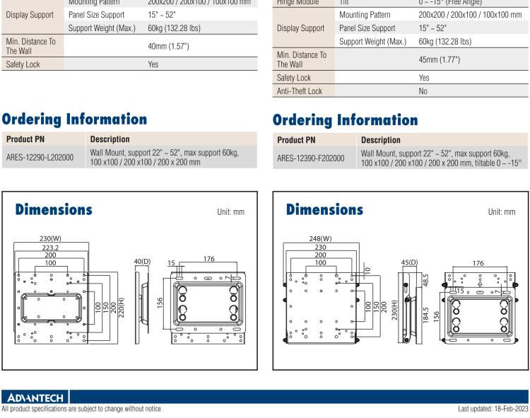 研華ARES-12240 ARES-12240 is a tiltable and swivelable wall mount with 75x75 mm/ 100x100 mm VESA standard holes. It supports a weight of 2~10kg and screens up to 32"