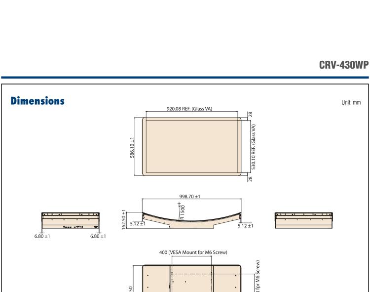 研華CRV-430WP 研華CRV-430WP曲面顯示屏，43“寬屏，并配備工業(yè)級視頻卡和電源，可支持標準視頻輸出，如HDMI、DisplayPort和VGA，并支持10點觸控。