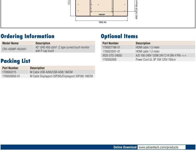 研華CRV-430WP 研華CRV-430WP曲面顯示屏，43“寬屏，并配備工業(yè)級視頻卡和電源，可支持標準視頻輸出，如HDMI、DisplayPort和VGA，并支持10點觸控。