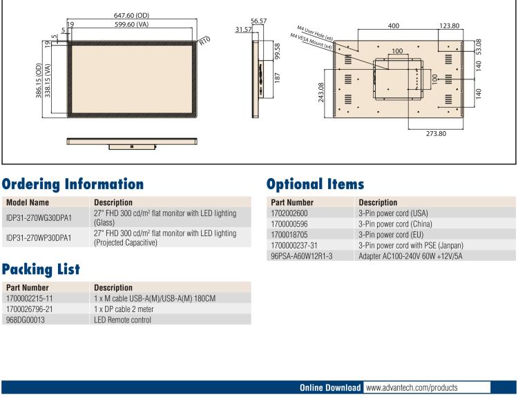 研華IDP31-270W 27" 玻璃面板觸控顯示器，帶環繞式LED燈帶，全高清分辨率，多輸入源VGA/DVI/DP