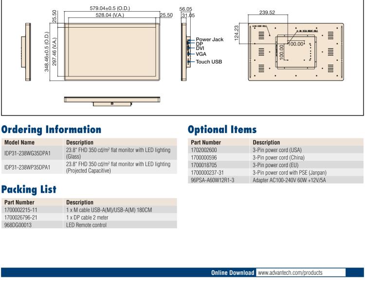 研華IDP31-238W 23.8 " 玻璃面板觸控顯示器，帶環(huán)繞式LED燈帶，全高清分辨率和多個(gè)輸入源VGA/DVI/DP