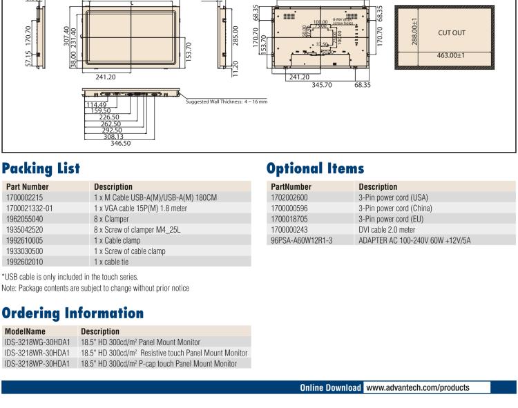 研華IDS-3218W 18.5" HD, 1366 x 768, VGA/DVI/HDMI 接口，面板安裝顯示器