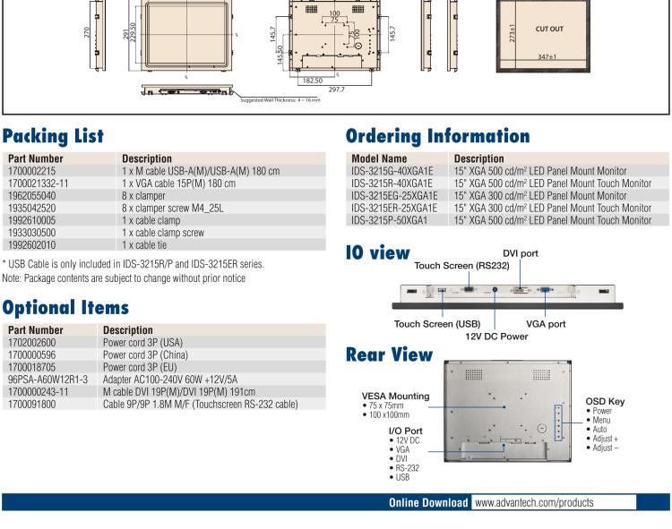 研華IDS-3215 15" XGA工業級面板安裝顯示器
