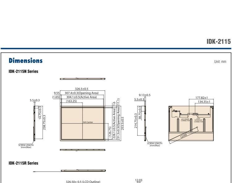 研華IDK-2115 15" SVGA 1200cd/m2 超高亮度工業(yè)顯示套件，帶 LED 背光燈、LVDS 接口