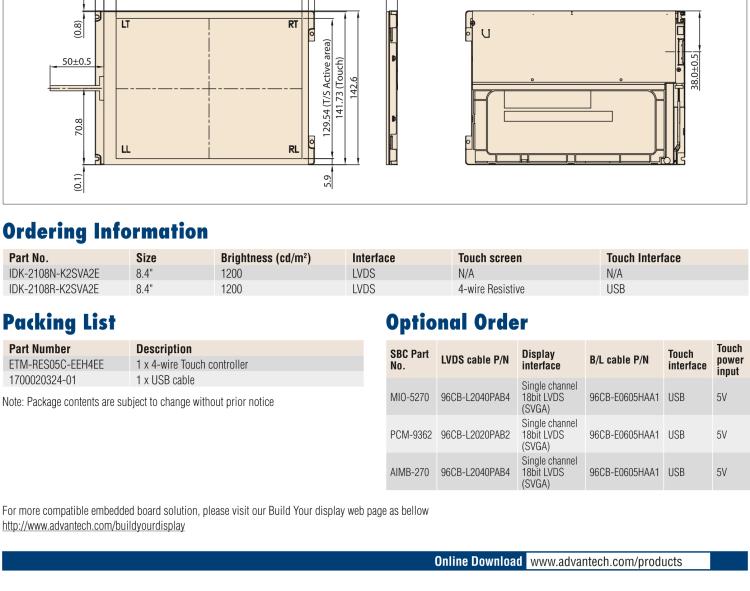 研華IDK-2108 8.4” SVGA 1200cd/m2 超高亮度工業顯示套件，帶 LED 背光燈、LVDS 接口