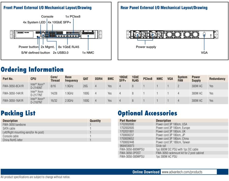研華FWA-3050 基于Intel?Xeon D-2100系列處理器，用于uCPE和下一代防火墻的遠程可管理1U網(wǎng)絡(luò)應(yīng)用平臺